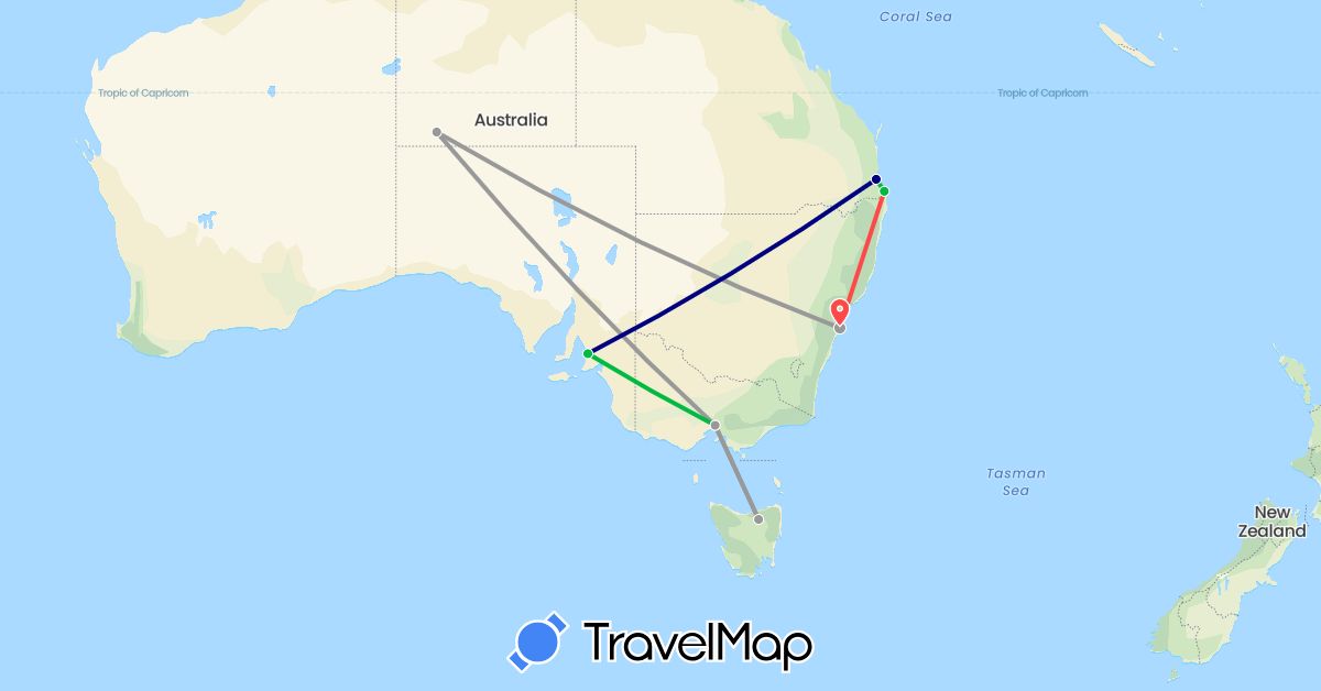 TravelMap itinerary: driving, bus, plane, hiking in Australia (Oceania)